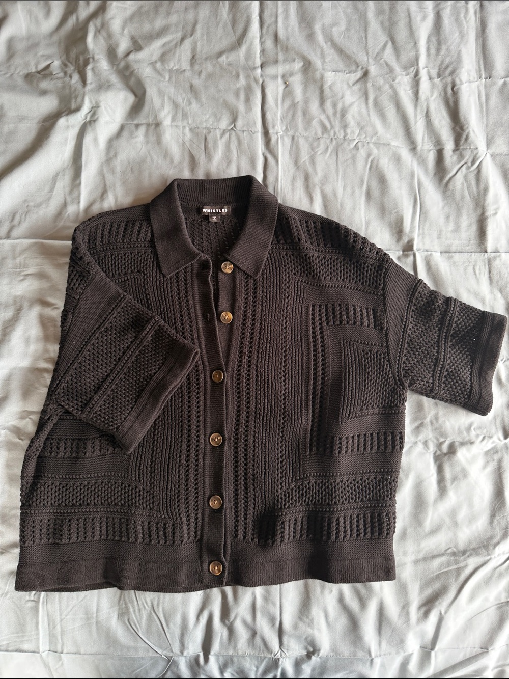 Whistles 100 % cotton Knit Button-Front Polo Sweater in Black